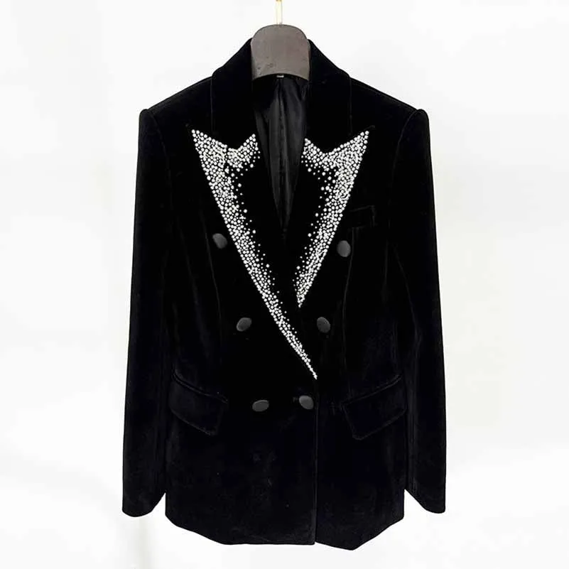 Women's Velvet Jacket with Beasted Collar Black Double Breasted Blazer